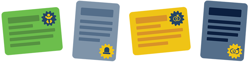 Green, gray, yellow, blue certificates icons